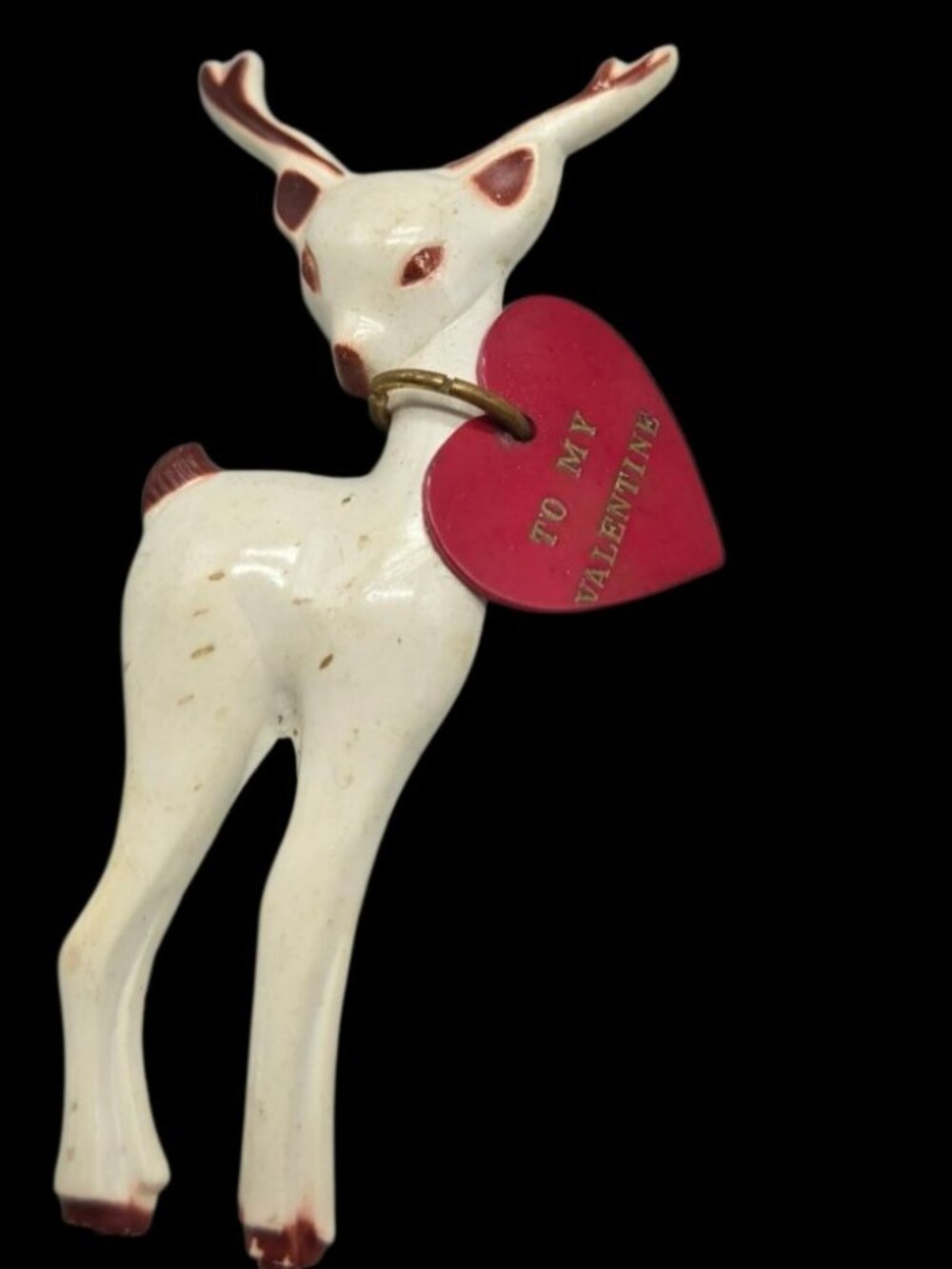 VTG 1950s Berkander Plastic Valentine Deer Brooch Pin Red Heart Kitsch Novelty - Picture 2 of 6